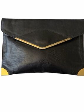 Vintage Phillippe Black Leather Envelope Clutch with Gold Accents